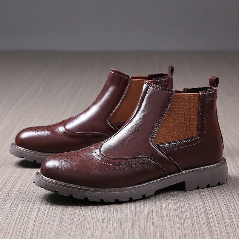 Heren Chelsea boots – Bruin PU leer – Brogue enkellaars met profielzool