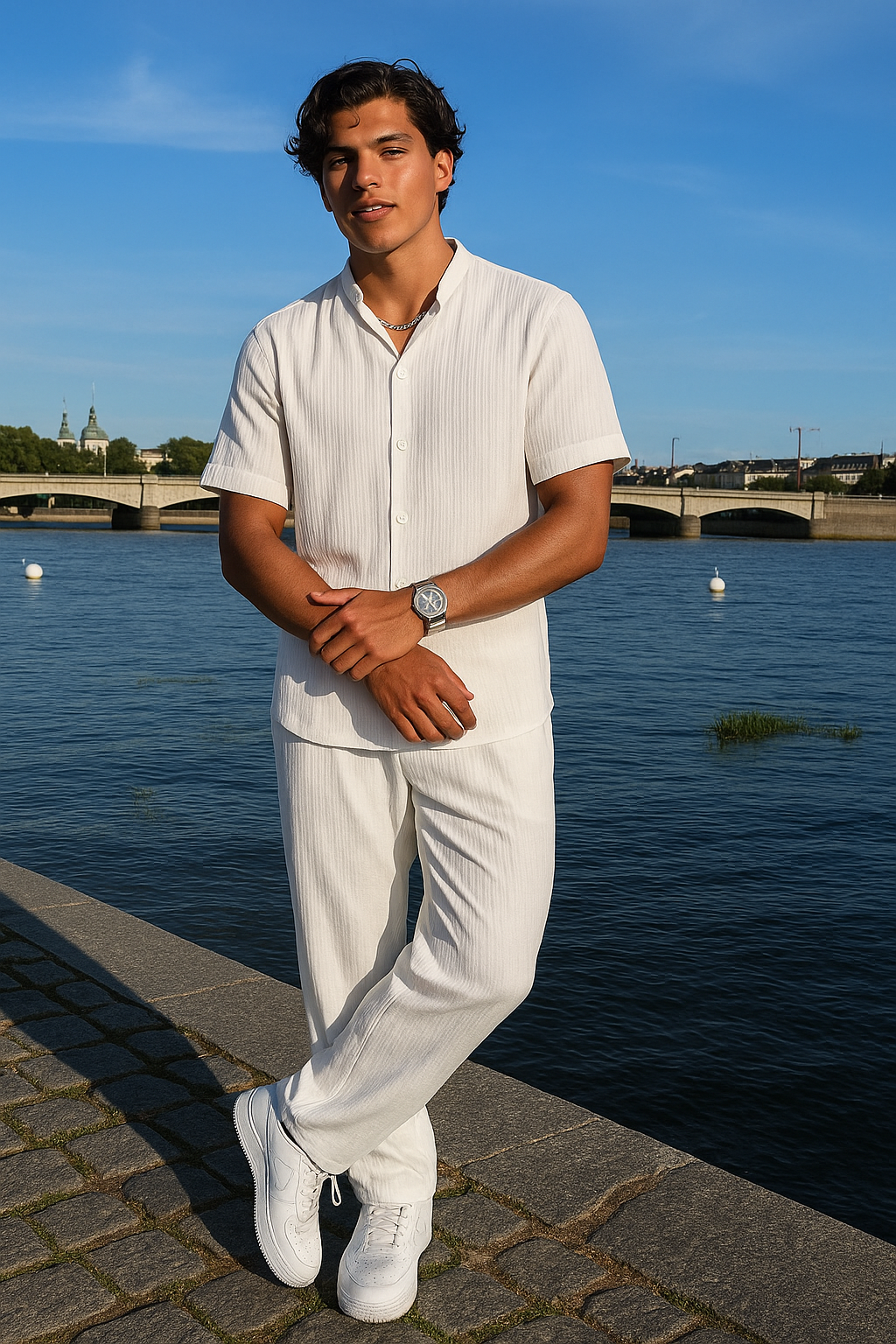 Casual Twee-delige Outfit voor Mannen – Katoenen Shirt met Korte Mouwen en Losse Rechte Broek 0