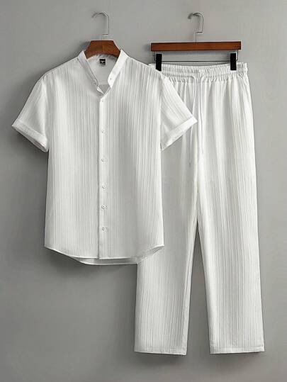 Casual Twee-delige Outfit voor Mannen – Katoenen Shirt met Korte Mouwen en Losse Rechte Broek 1