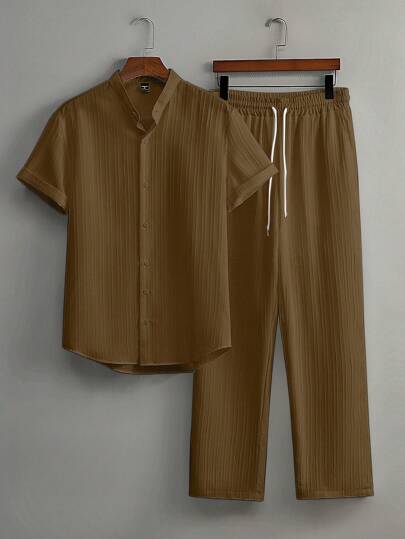 Casual Twee-delige Outfit voor Mannen – Katoenen Shirt met Korte Mouwen en Losse Rechte Broek 10