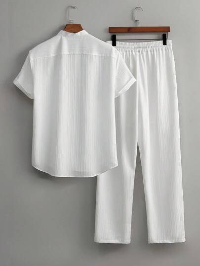 Casual Twee-delige Outfit voor Mannen – Katoenen Shirt met Korte Mouwen en Losse Rechte Broek 2
