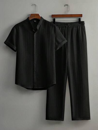 Casual Twee-delige Outfit voor Mannen – Katoenen Shirt met Korte Mouwen en Losse Rechte Broek 3