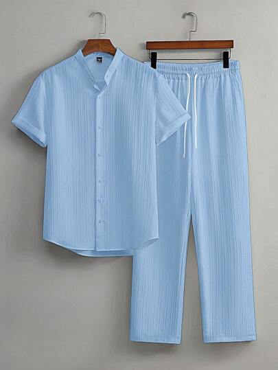 Casual Twee-delige Outfit voor Mannen – Katoenen Shirt met Korte Mouwen en Losse Rechte Broek 7