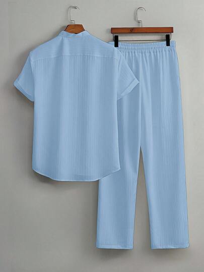 Casual Twee-delige Outfit voor Mannen – Katoenen Shirt met Korte Mouwen en Losse Rechte Broek 8