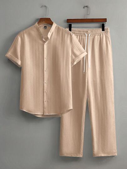 Casual Twee-delige Outfit voor Mannen – Katoenen Shirt met Korte Mouwen en Losse Rechte Broek 9