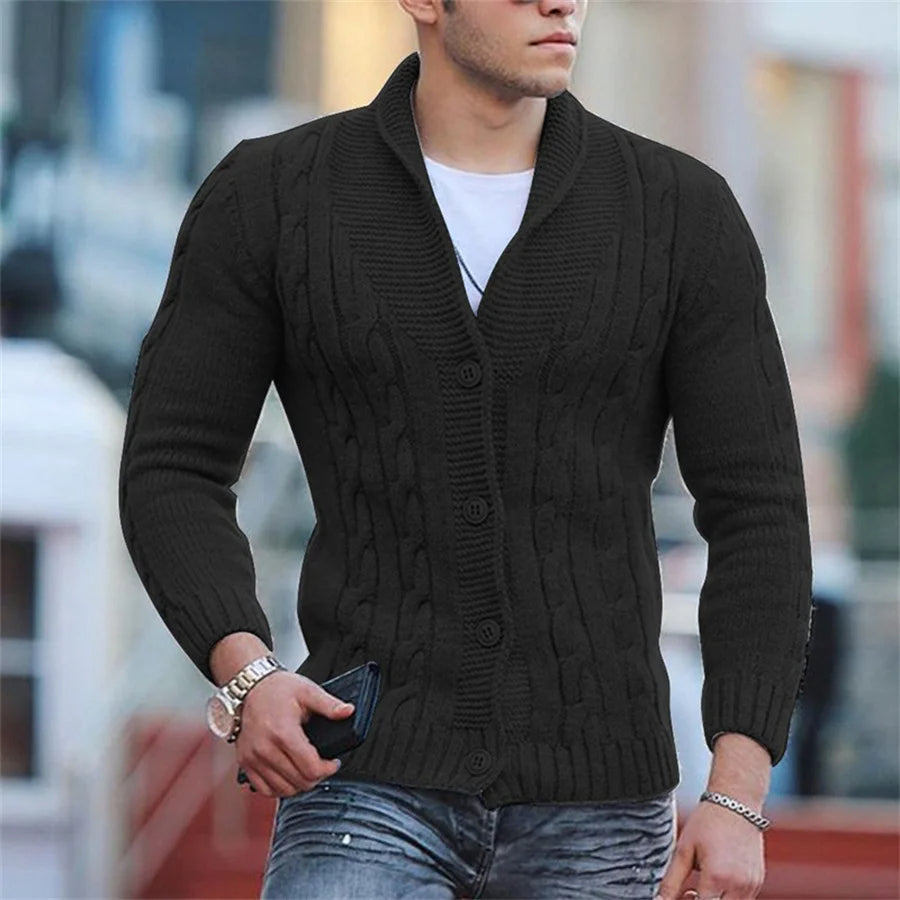 Augusto - Heren Vest Kabelgebreid Cardigan met Sjaalkraag en Knopen – Zwart