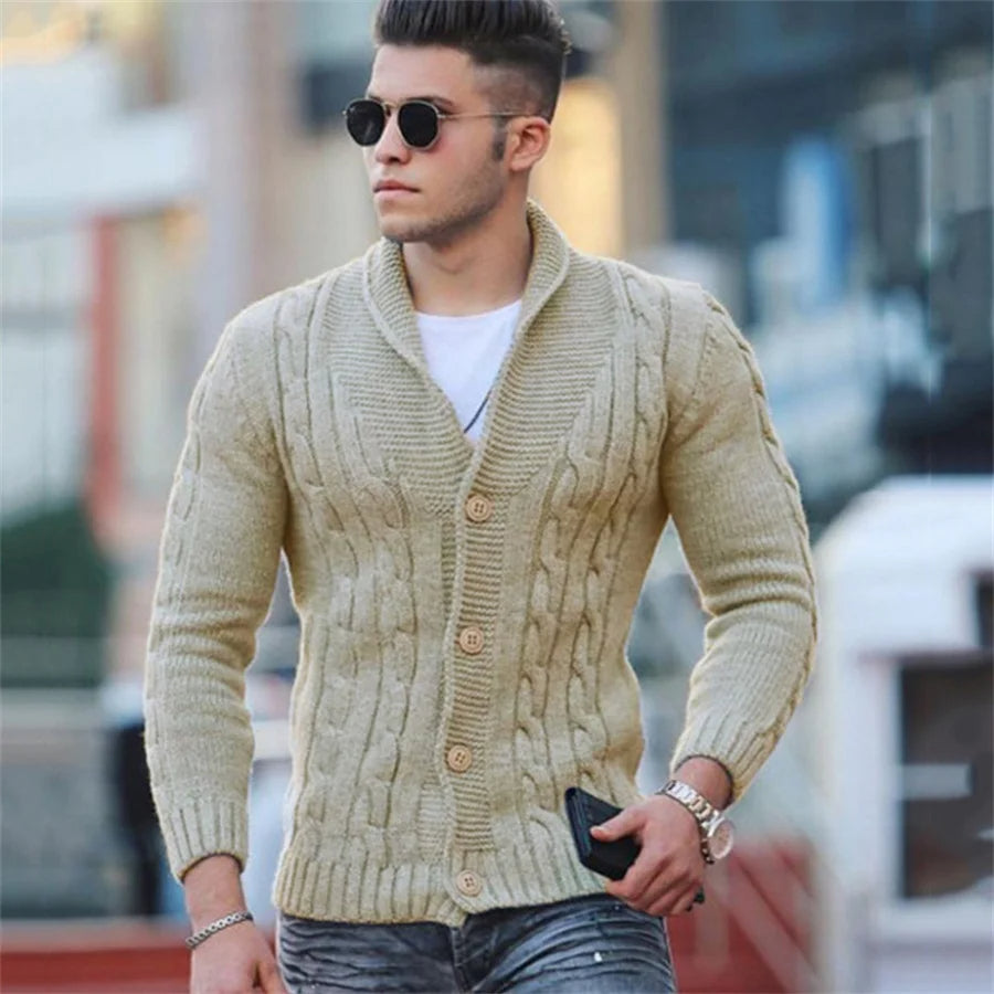 Augusto - Heren Vest Kabelgebreid Cardigan met Sjaalkraag en Knopen – Zwart