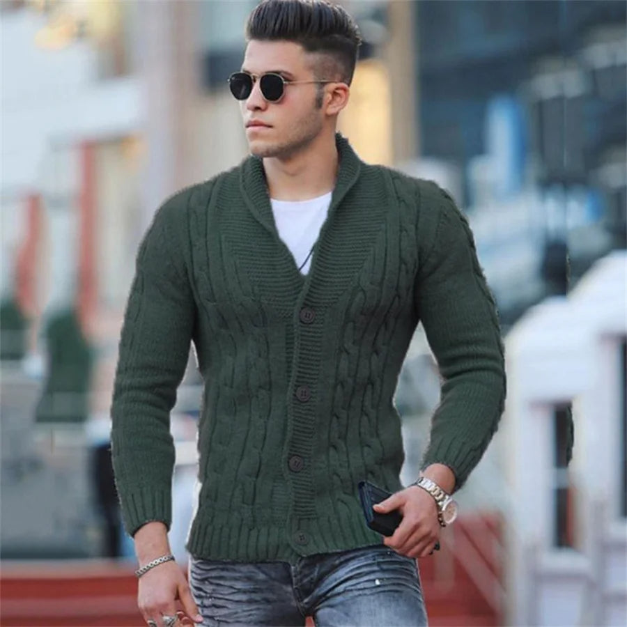 Augusto - Heren Vest Kabelgebreid Cardigan met Sjaalkraag en Knopen – Zwart
