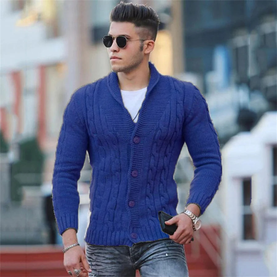 Augusto - Heren Vest Kabelgebreid Cardigan met Sjaalkraag en Knopen – Zwart