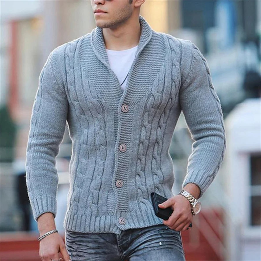 Augusto - Heren Vest Kabelgebreid Cardigan met Sjaalkraag en Knopen – Zwart