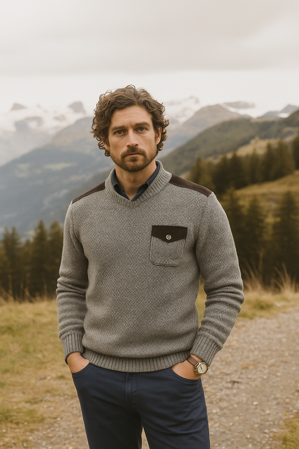 Heren Gebreide Trui met Suède Schouderdetails – Warme Winterpullover