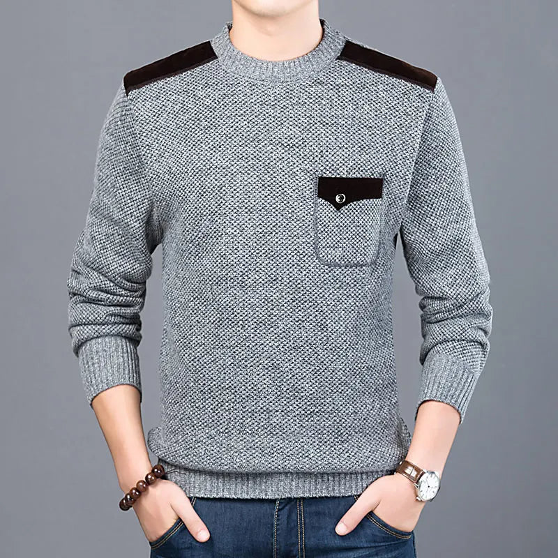 Heren Gebreide Trui met Suède Schouderdetails – Warme Winterpullover