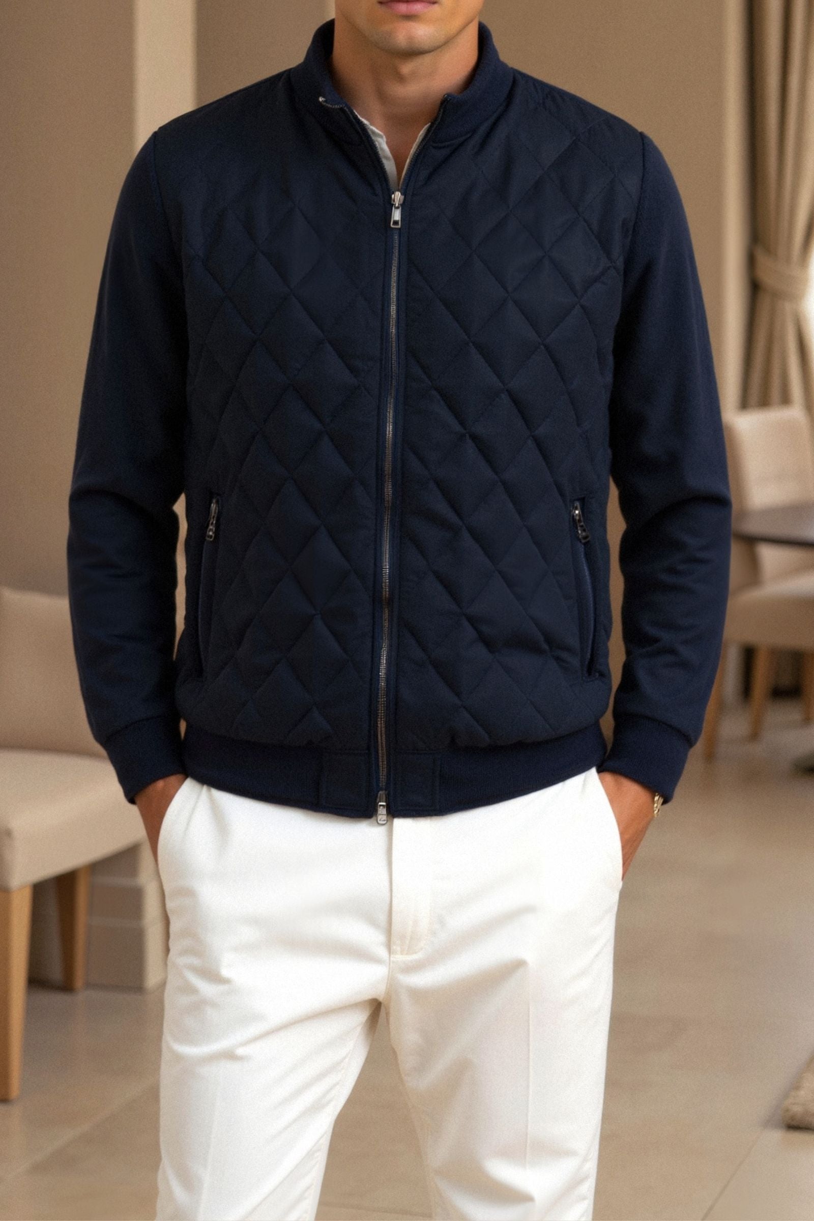 Gewatteerd Herenjack Navy – Luxe Quilted Jas in Old Money Stijl