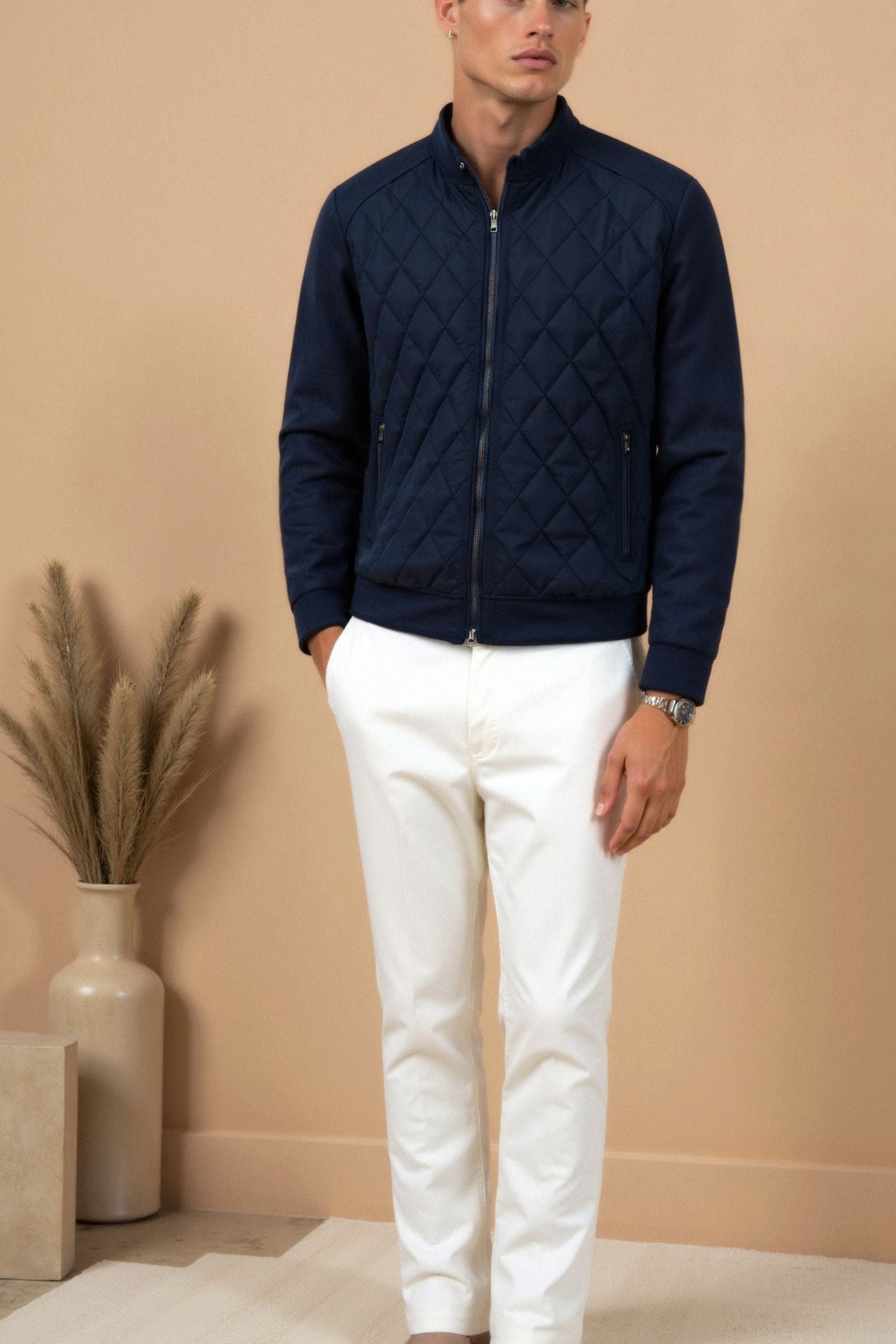 Gewatteerd Herenjack Navy – Luxe Quilted Jas in Old Money Stijl