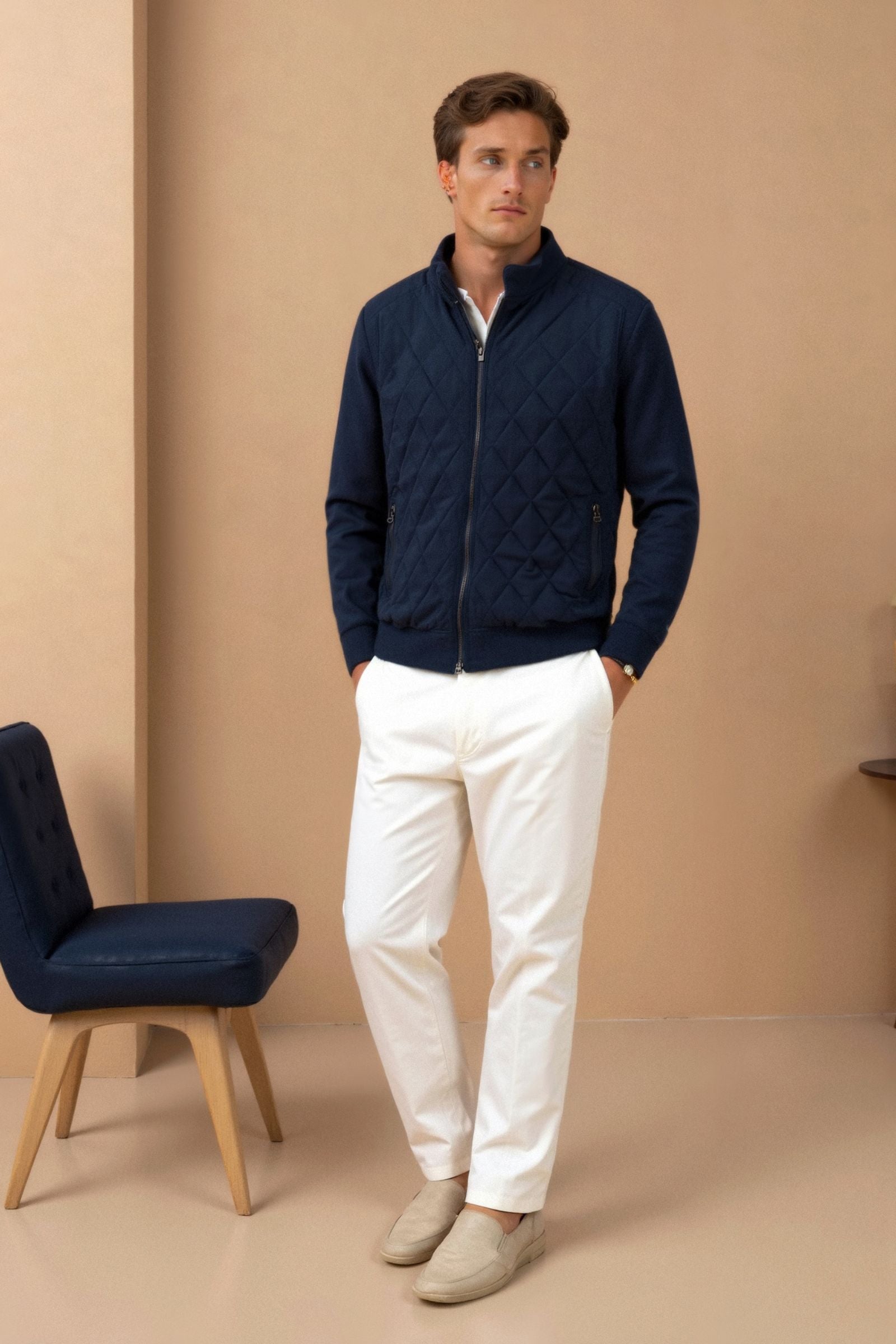 Gewatteerd Herenjack Navy – Luxe Quilted Jas in Old Money Stijl