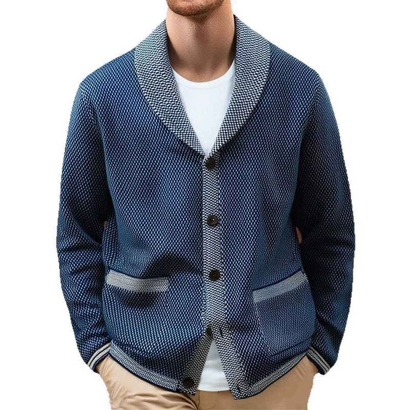 Old Money Contrast Revers Casual Gebreid Herenvest Blauw met Stijlvolle Knopen