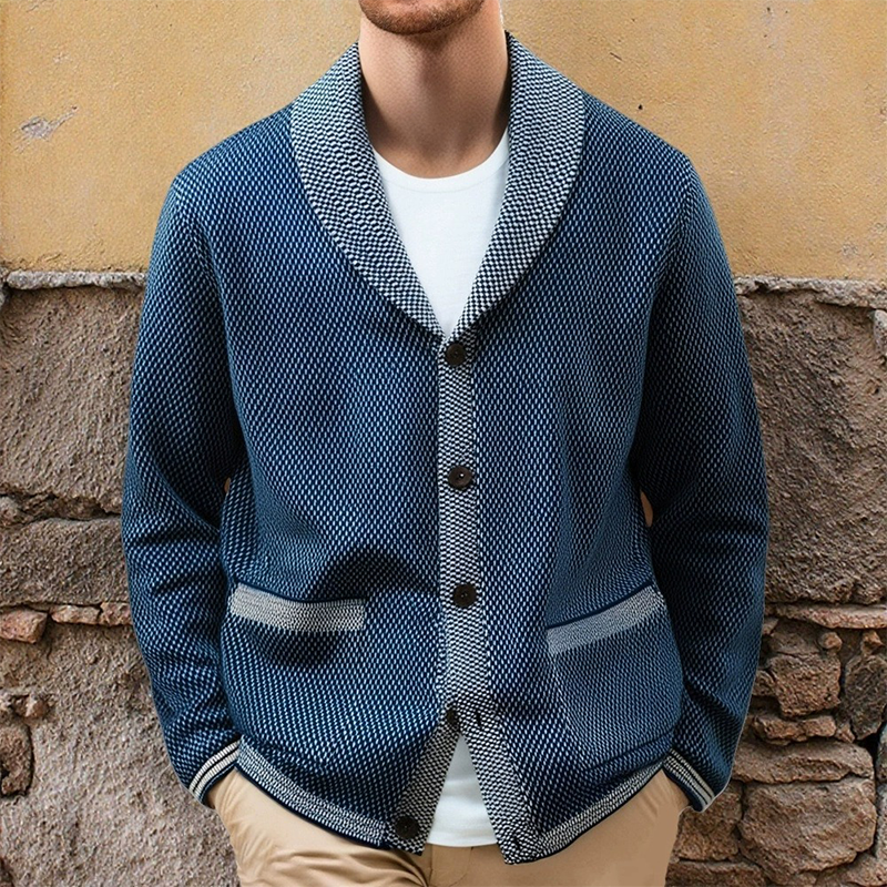 Old Money Contrast Revers Casual Gebreid Herenvest Blauw met Stijlvolle Knopen