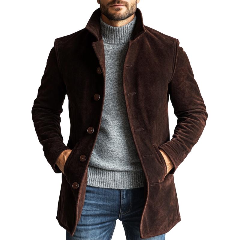 Bruine Suède Jas Heren – Halflange Enkelrijs Winterjas in Slim Fit Old Money