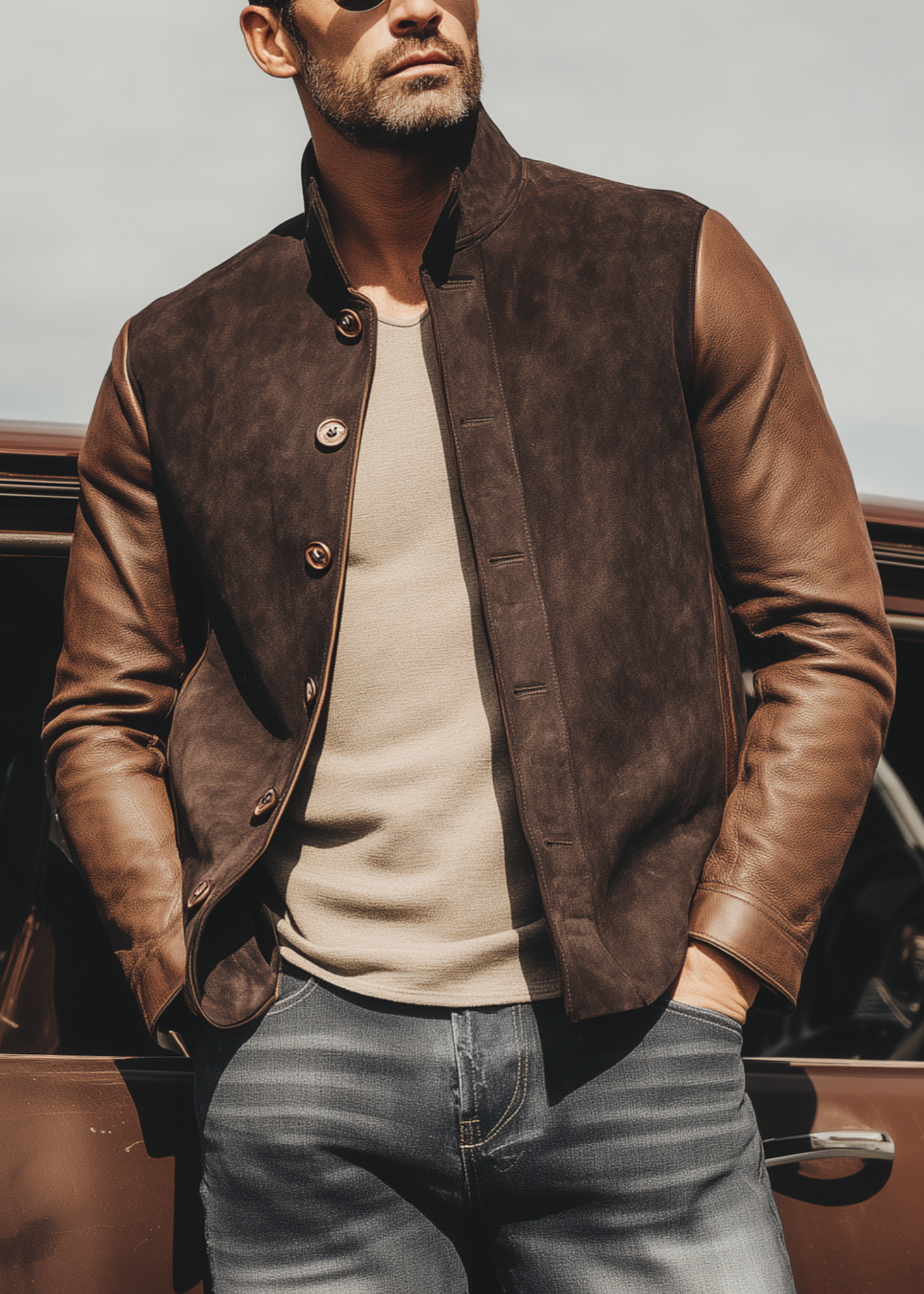 Bruin Suède & Leren Retro Herenjack – Stijlvolle Vintage Luxe Jas
