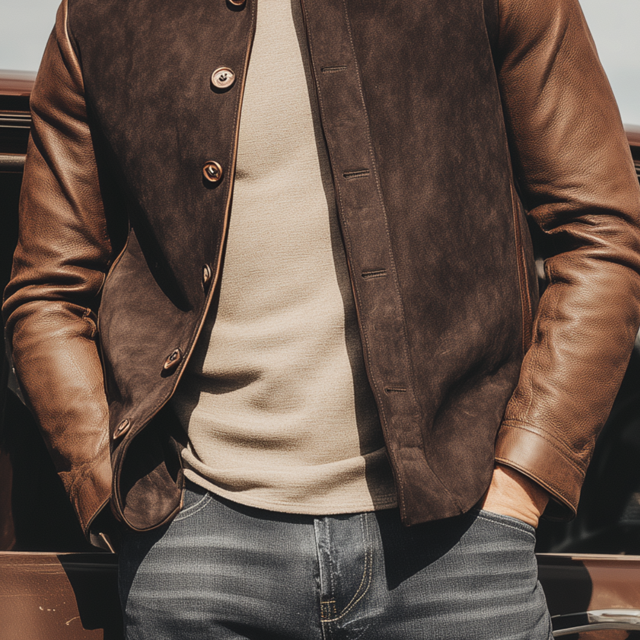 Bruin Suède & Leren Retro Herenjack – Stijlvolle Vintage Luxe Jas