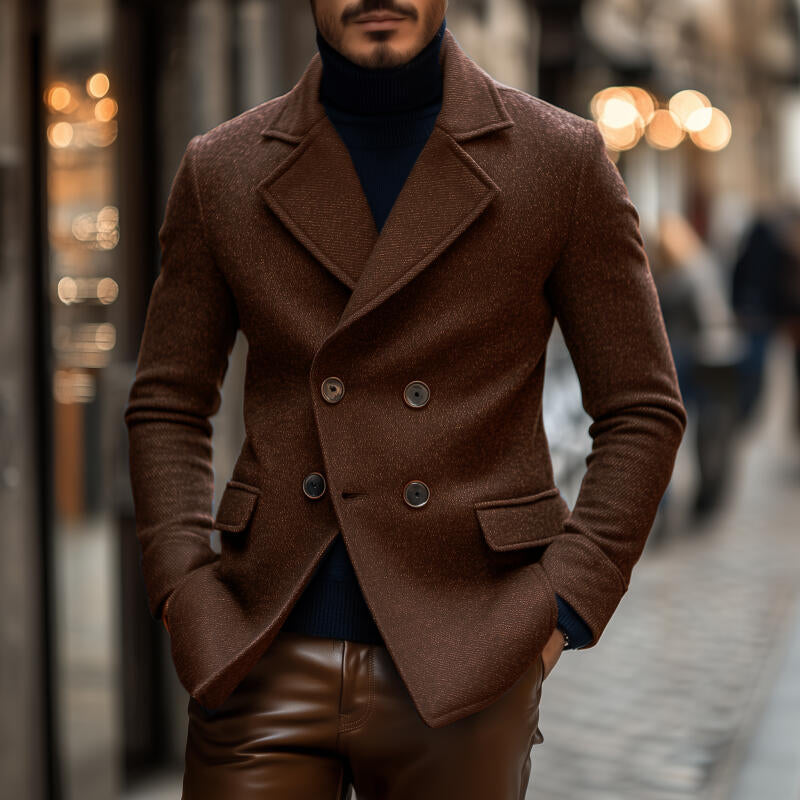 Bruine Luxe Wollen Heren Coat– Dubbelrijs Slim Fit Jas met Revers