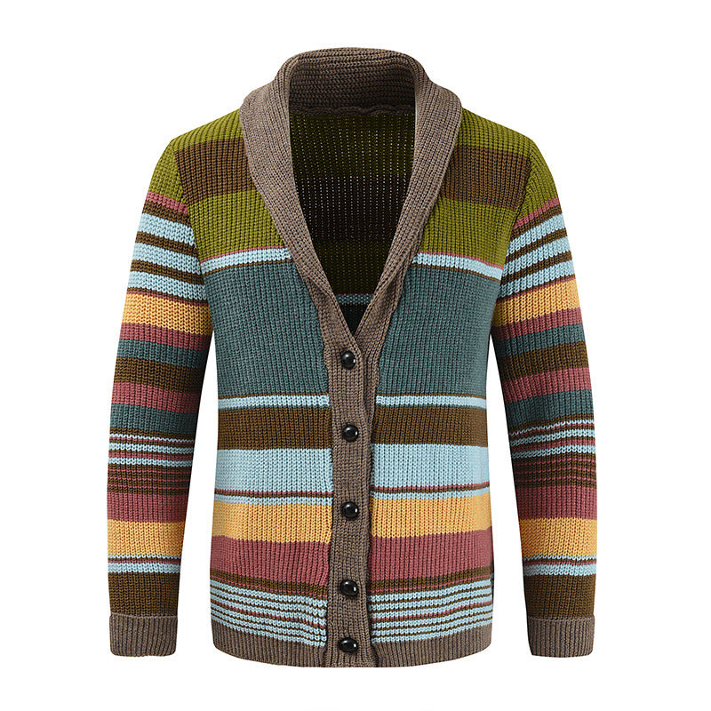Heren Gebreid Vest met Kleurrijke Strepen – Warme Casual Cardigan met Knoopsluiting
