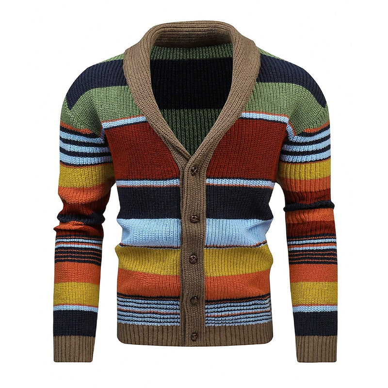 Heren Gebreid Vest met Kleurrijke Strepen – Warme Casual Cardigan met Knoopsluiting