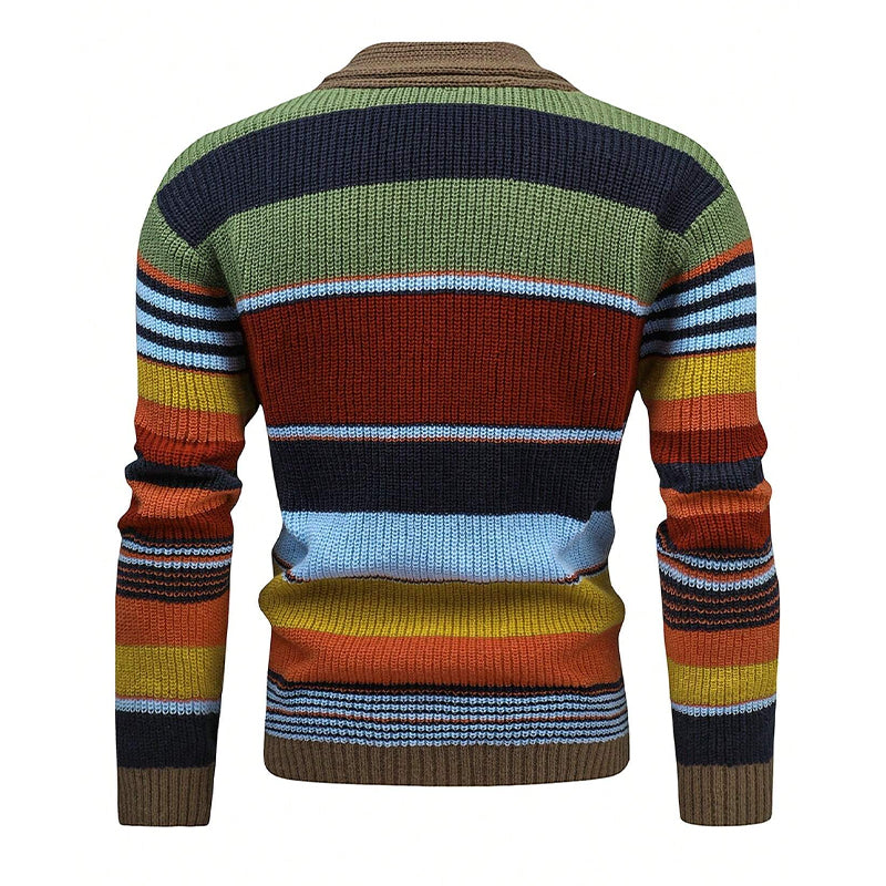 Heren Gebreid Vest met Kleurrijke Strepen – Warme Casual Cardigan met Knoopsluiting