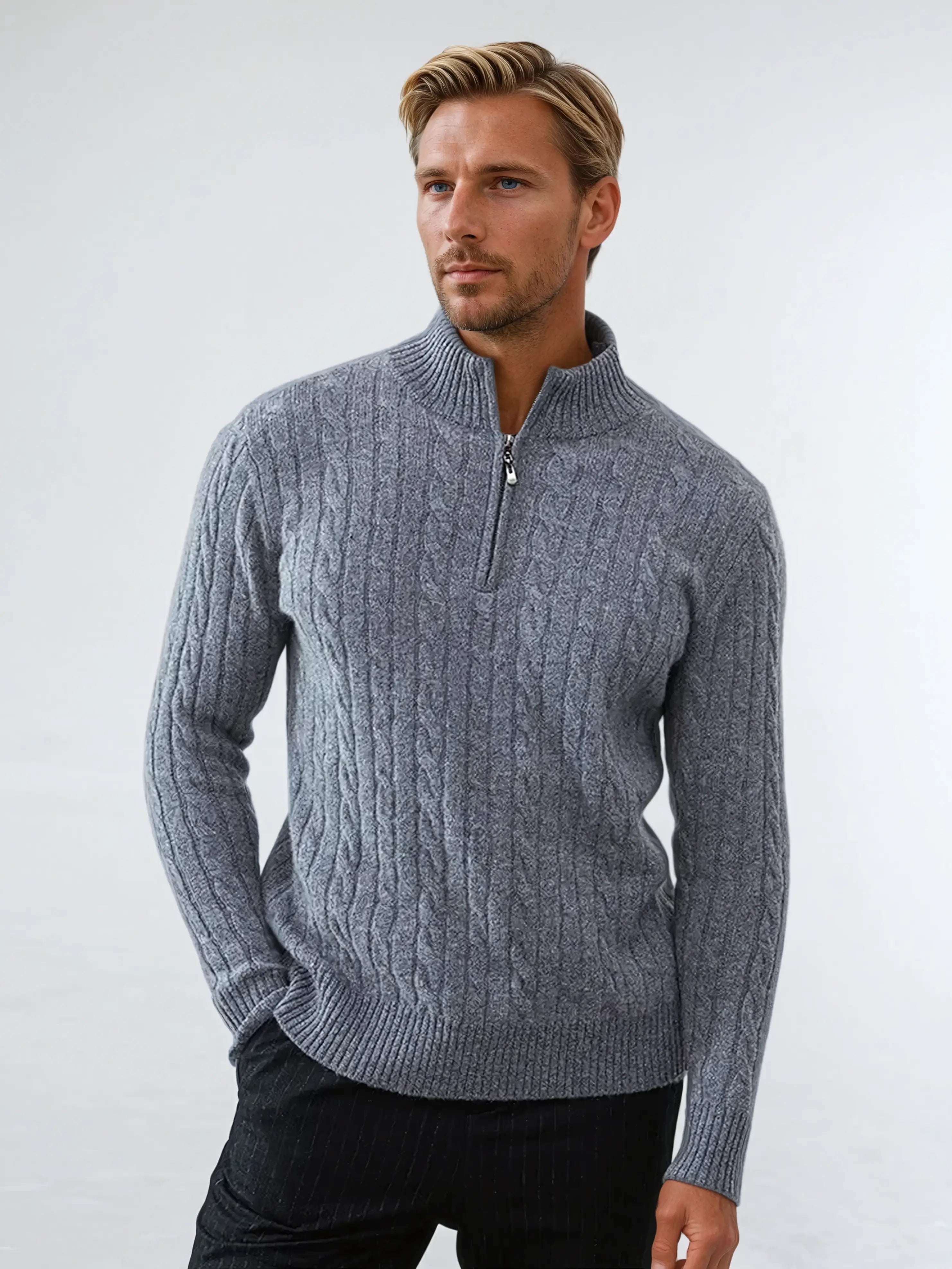 Lichtgrijze Wollen Zip-Pullover Heren