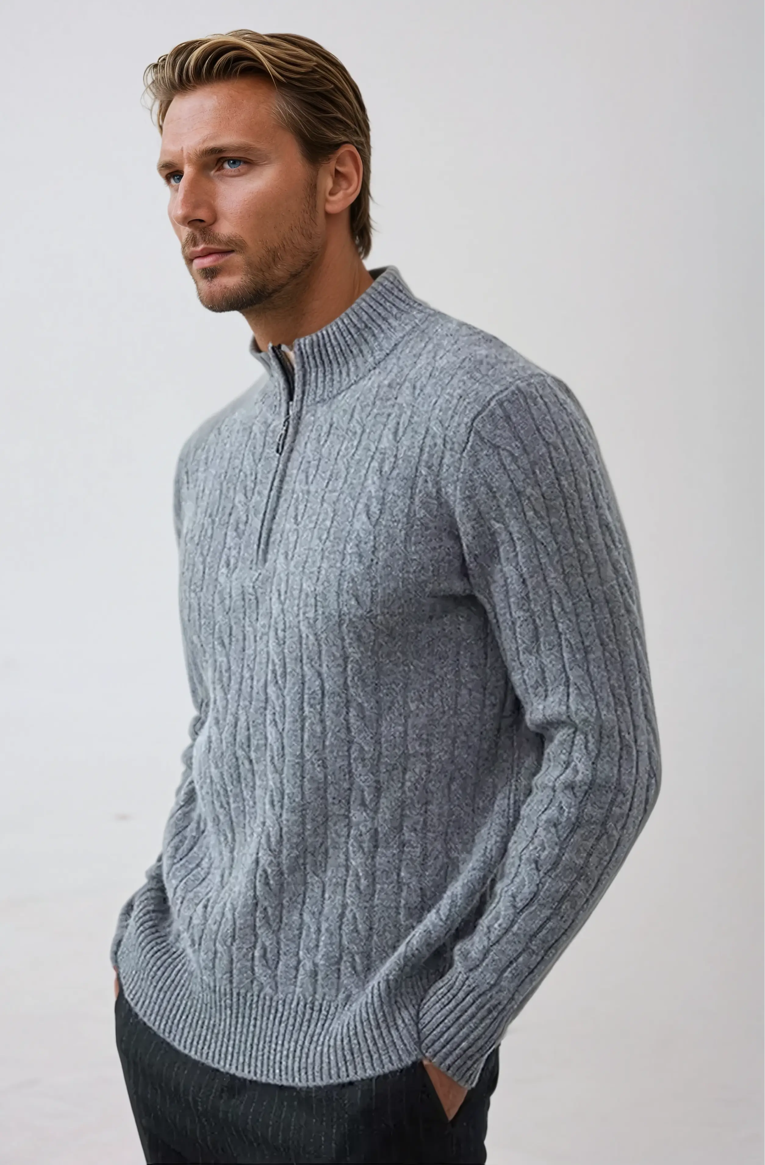 Lichtgrijze Wollen Zip-Pullover Heren