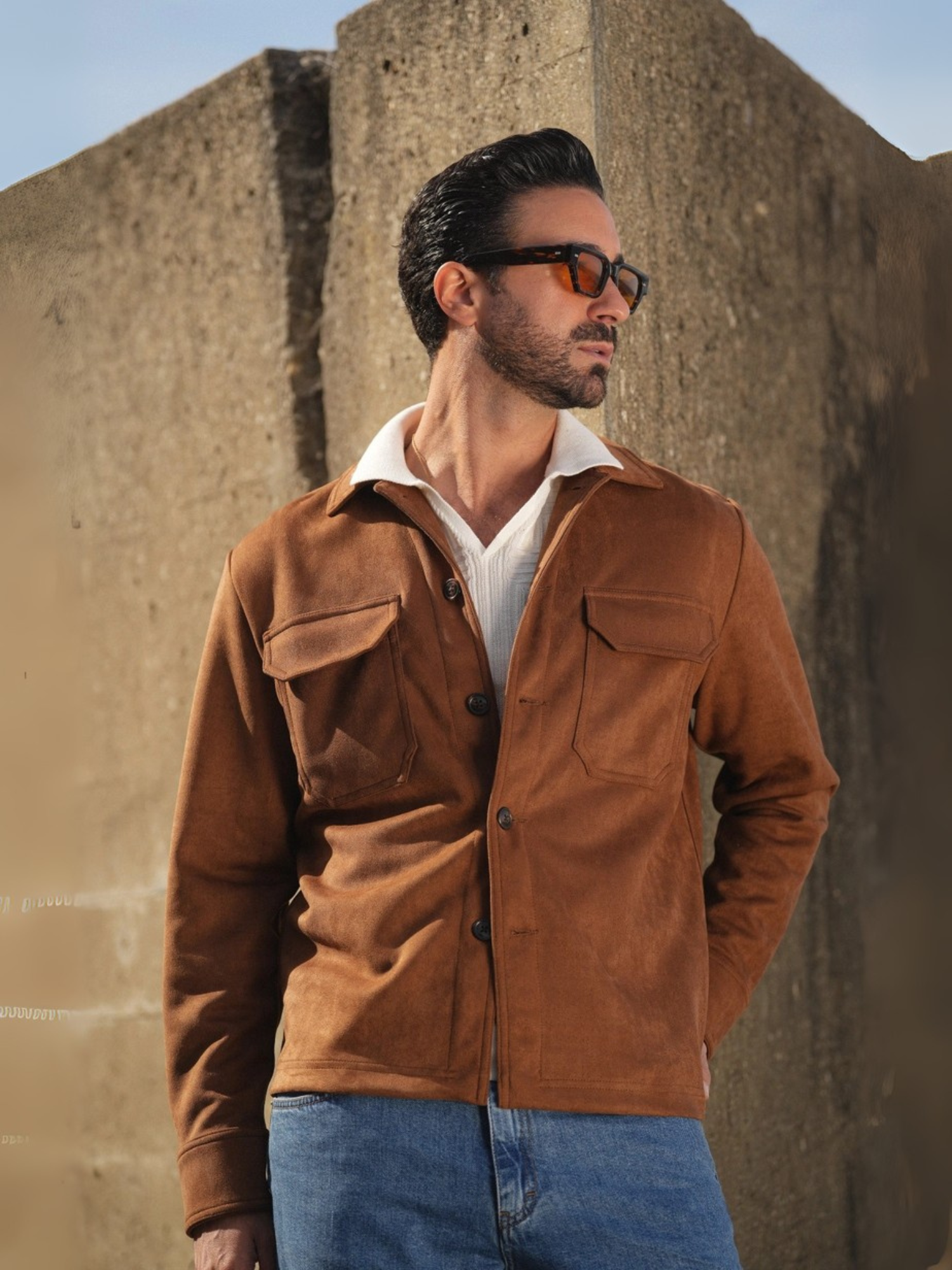 Camel Suede Herenjack – Luxe Slim Fit Overshirt met Zakdetails