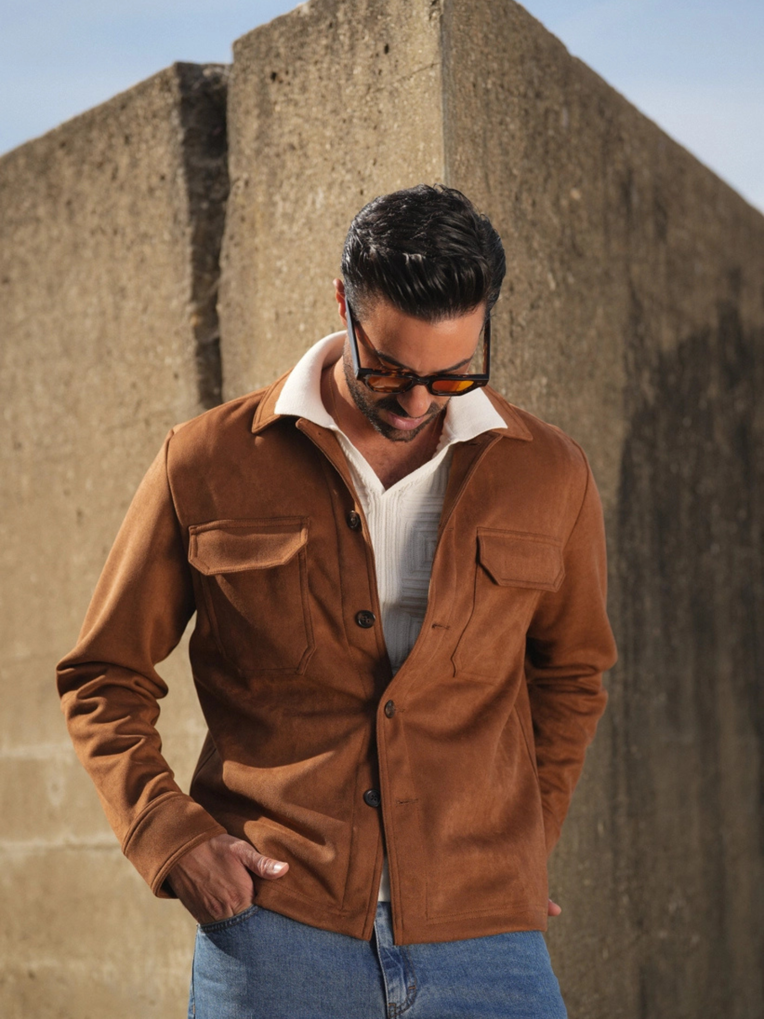 Camel Suede Herenjack – Luxe Slim Fit Overshirt met Zakdetails