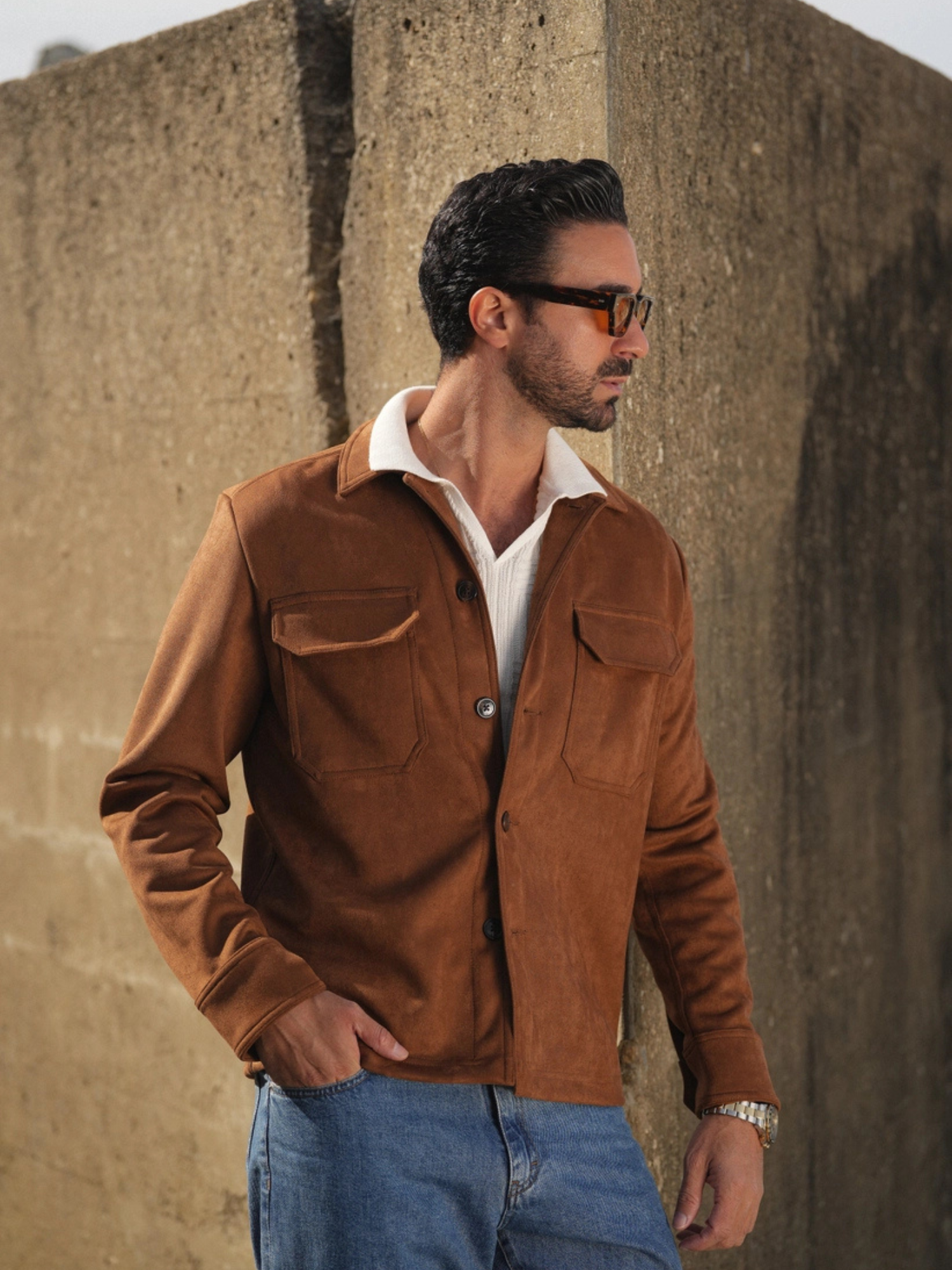 Camel Suede Herenjack – Luxe Slim Fit Overshirt met Zakdetails
