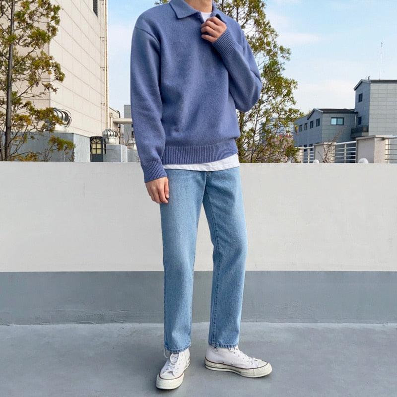 Heren Wollen Moderne Polo Trui – Stijlvolle Gebreide Sweater met Knopen