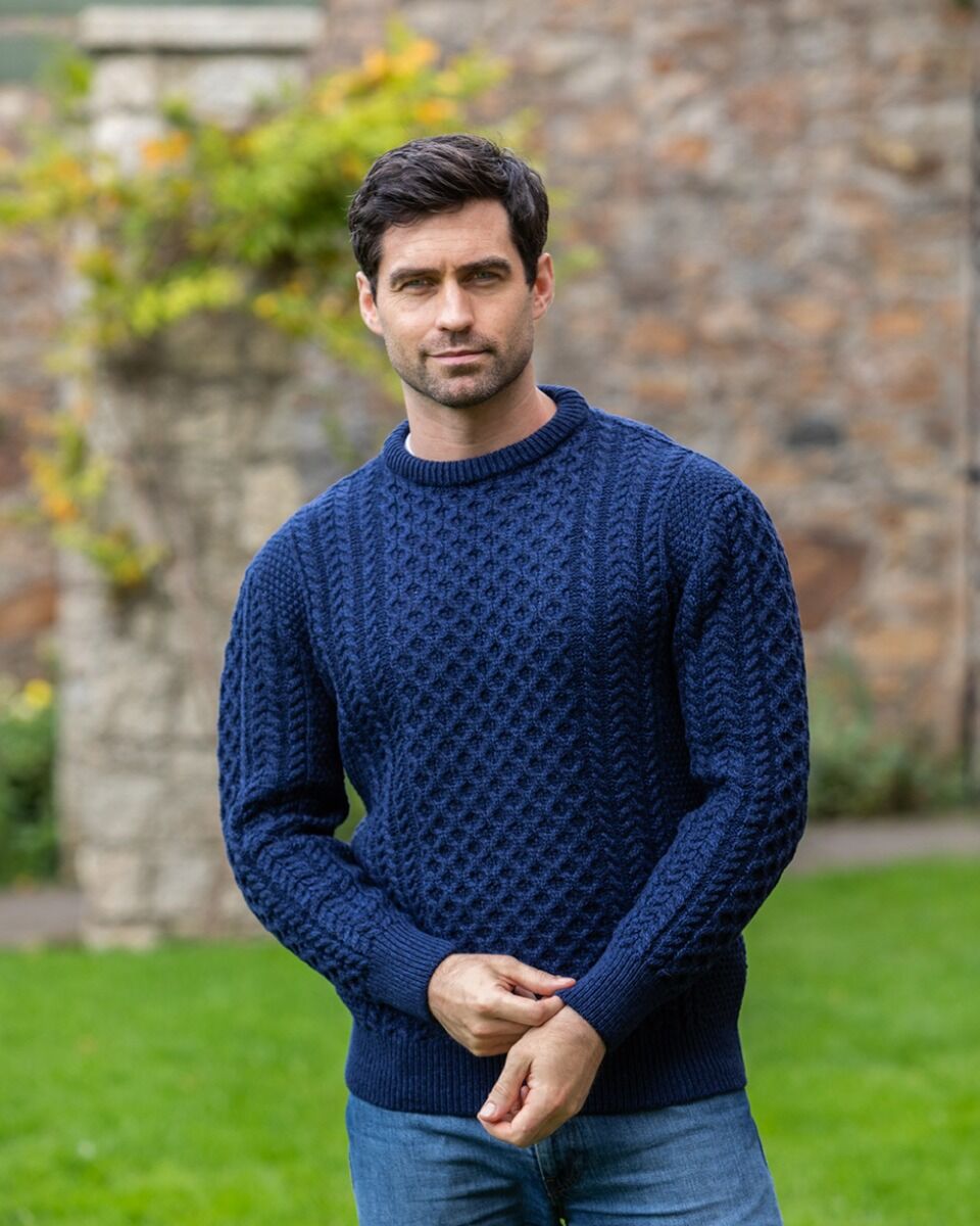 Rodrigo - Heren Trui Old Money Kabelgebreid Crewneck – Blauw / Wit Merinowol
