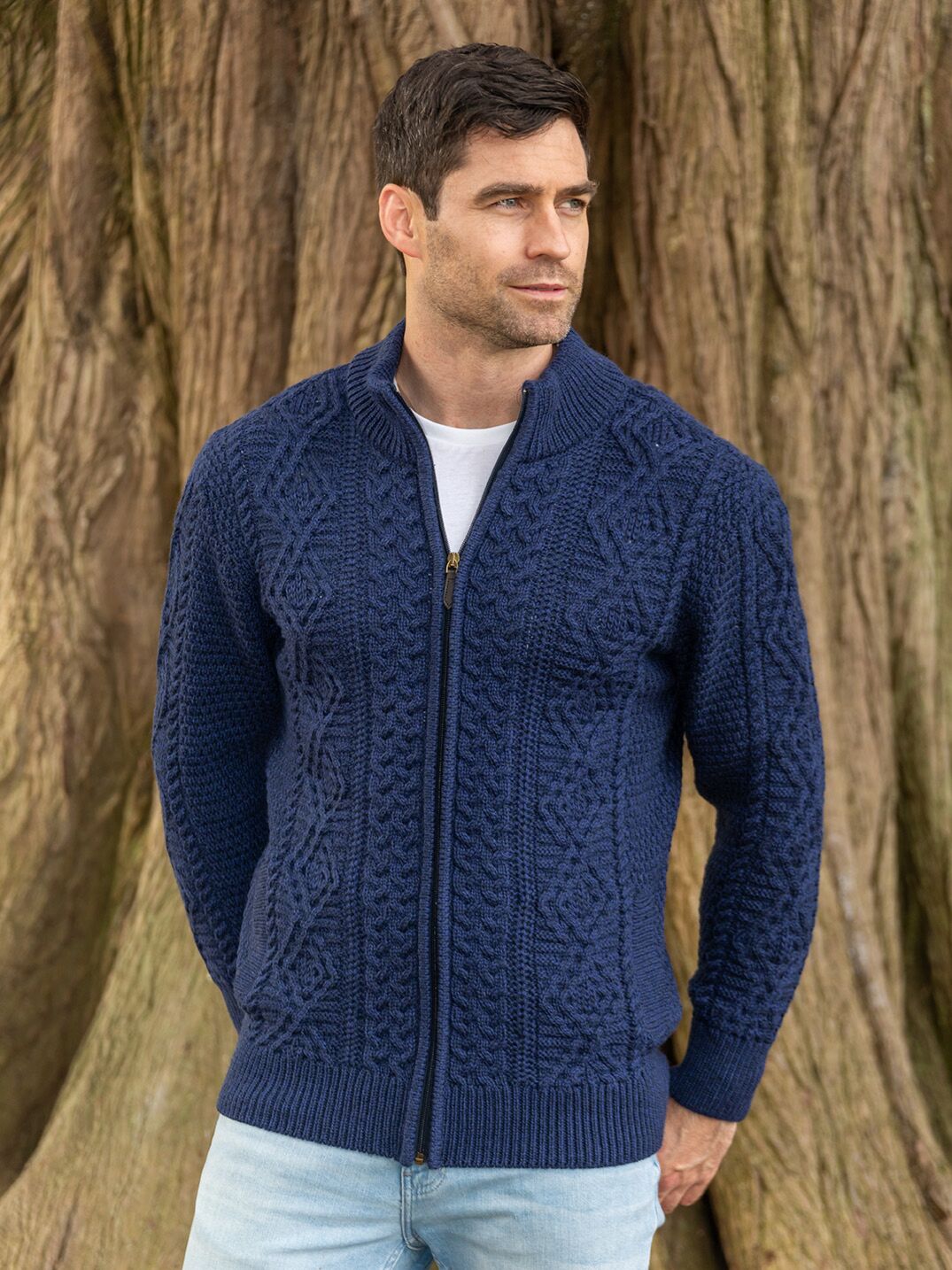 Carlos - Old Money Heren Vest Kabelgebreid Full Zip Cardigan Blauw