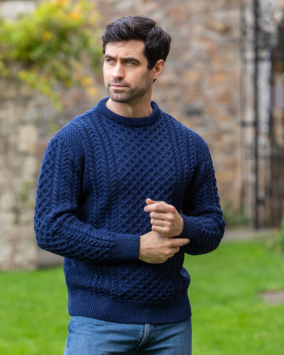 Rodrigo - Heren Trui Old Money Kabelgebreid Crewneck – Blauw / Wit Merinowol