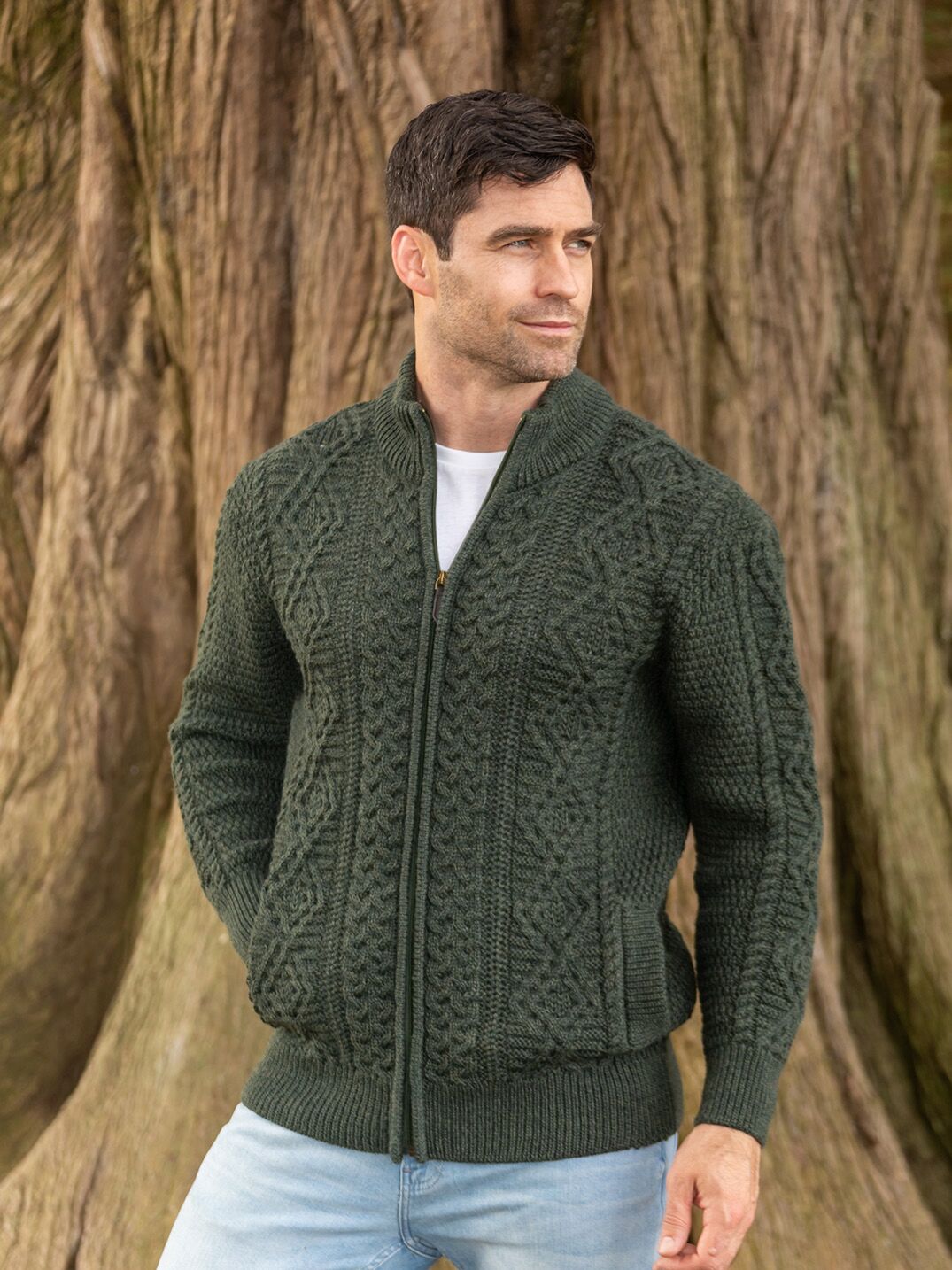 Bernardo - Heren Full Zip Cardigan – Old Money Kabelgebreid Vest – Groen / Grijs