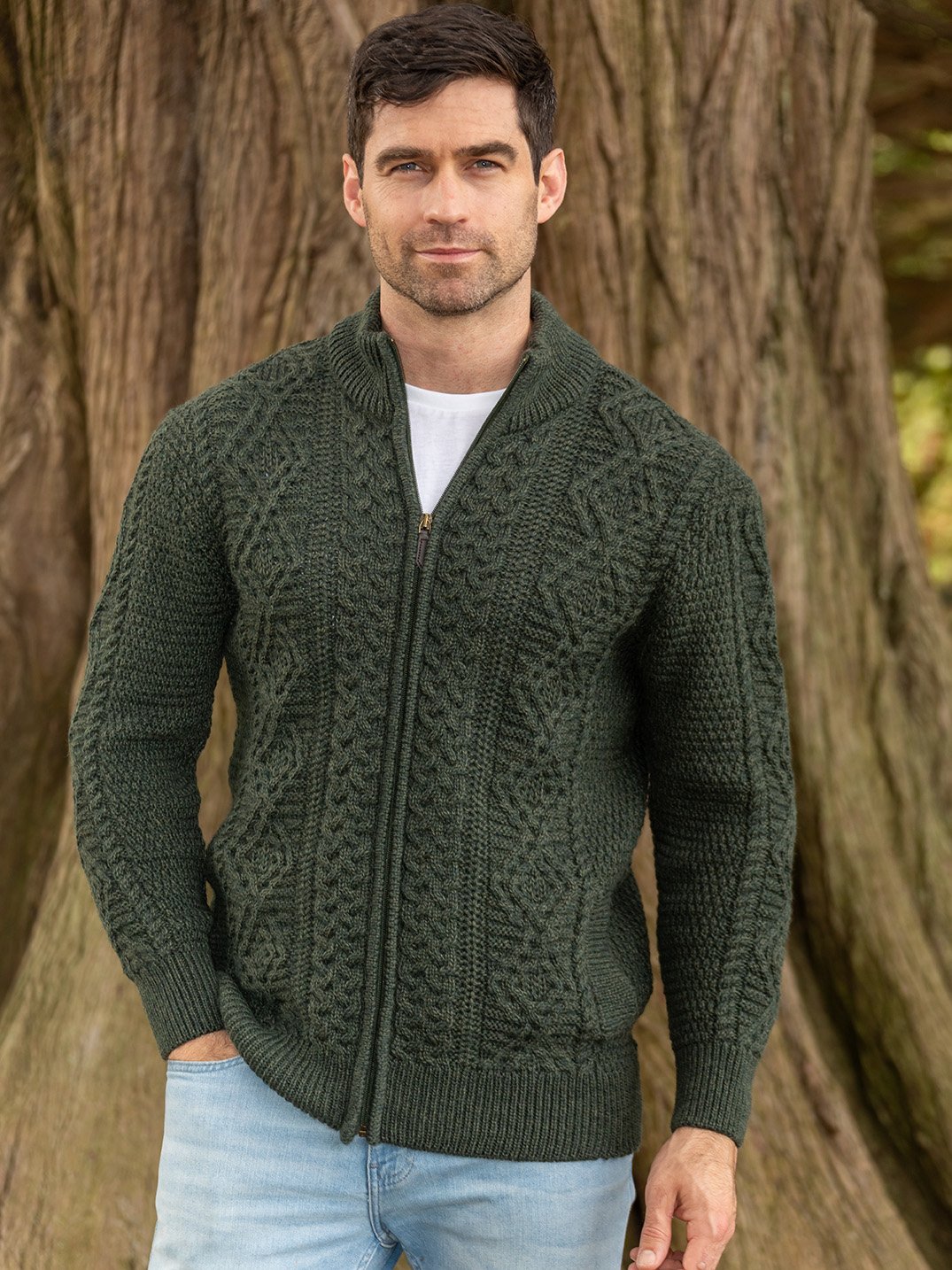 Bernardo - Heren Full Zip Cardigan – Old Money Kabelgebreid Vest – Groen / Grijs
