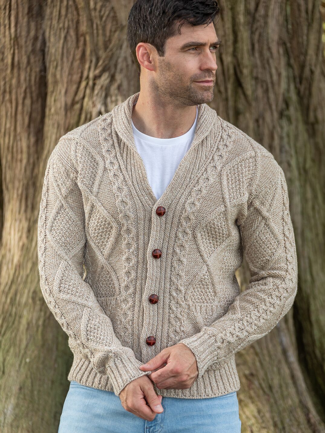 Carlos - Heren V Neck Kabel Gebreid Vest Beige