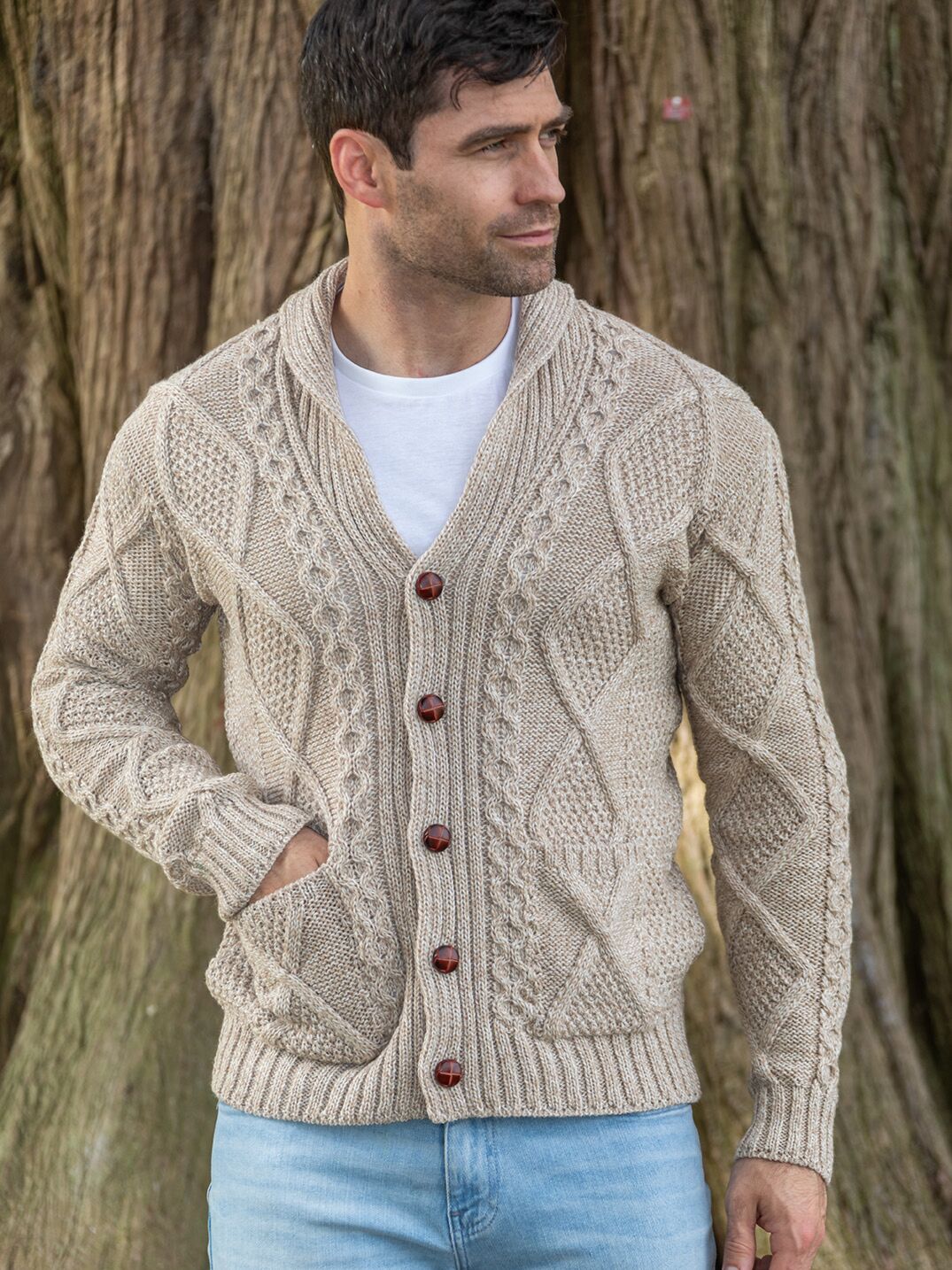 Carlos - Heren V Neck Kabel Gebreid Vest Beige