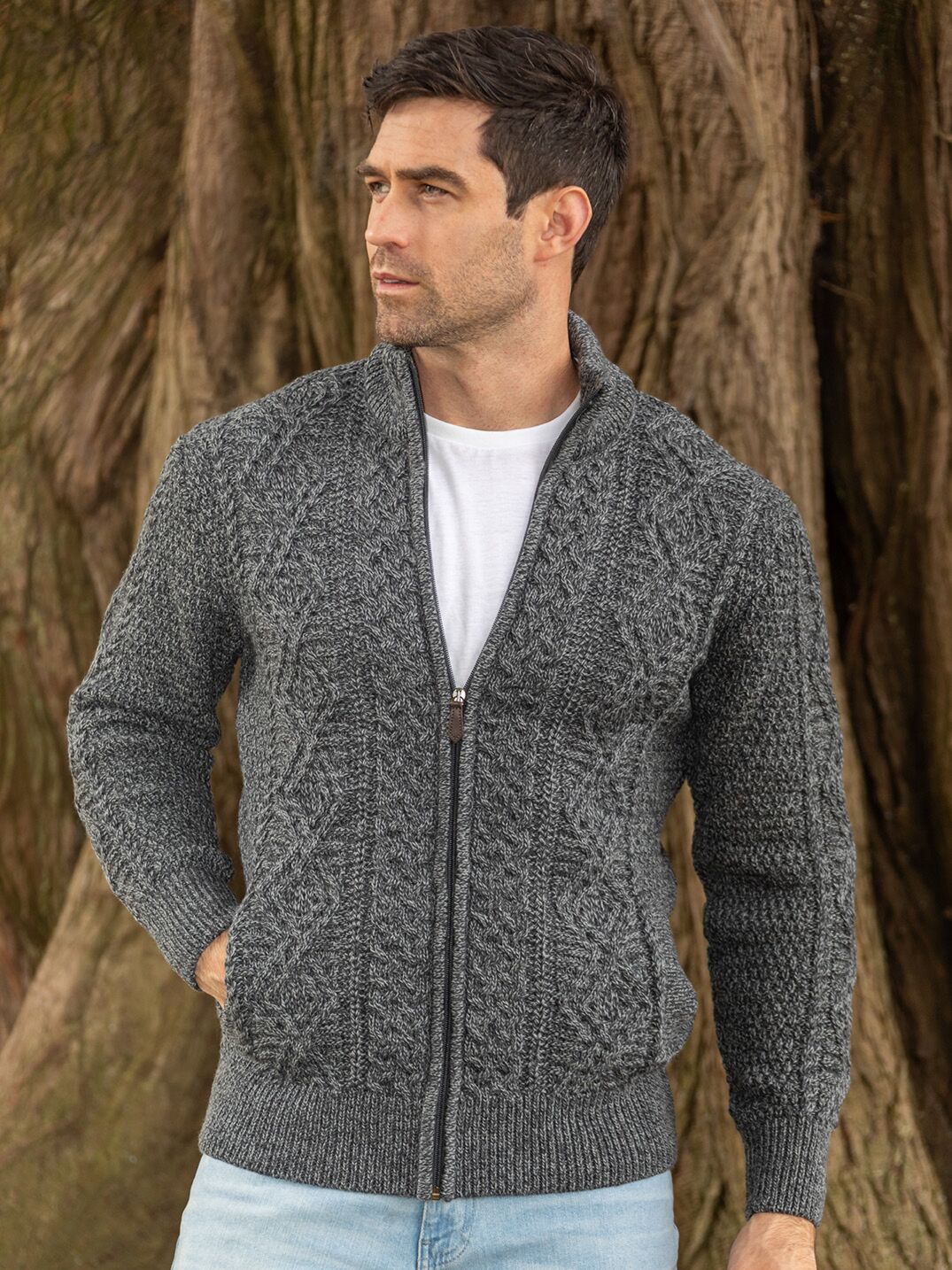Bernardo - Heren Full Zip Cardigan – Old Money Kabelgebreid Vest – Groen / Grijs